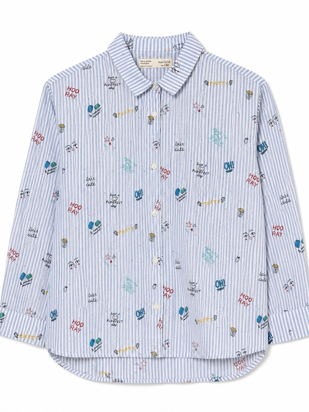 Zara Kids Doodle Print Striped Button Up Shirt Blue White 11/12